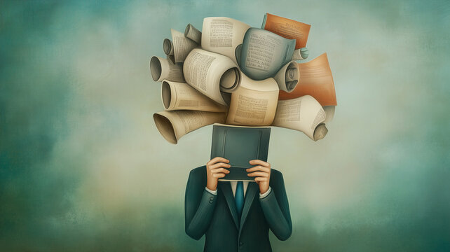 Man with TV screen and newspapers , addicted to social media, manipulation and mind control, fake news, disconnected to reality 