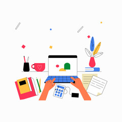 Desk Workspace With Laptop And Notebooks In Flat Vector Illustration Symbolizing Online Job, Digital Organization, And Remote Work, Isolated On White Background.