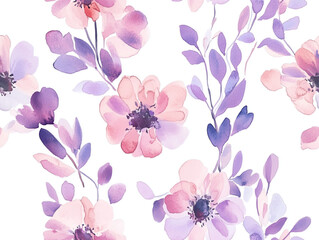 Pink and purple watercolor floral pattern on white background