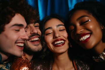 Fototapeta premium A group of diverse young friends laughing and enjoying a fun night out. A perfect image for concepts of friendship, joy, celebration, happiness, and togetherness