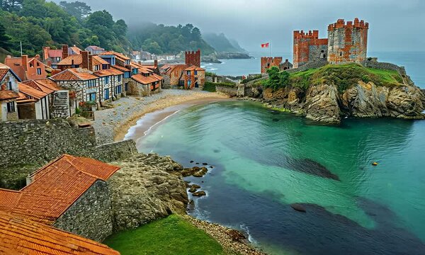 Beautiful Italian town on sea,  Amalfi coast look-like landscape, Mediterranean travel concept