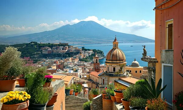 Beautiful Italian town on sea,  Amalfi coast look-like landscape, Mediterranean travel concept