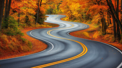 Naklejka premium Scenic winding road through vibrant autumn foliage in the countryside.