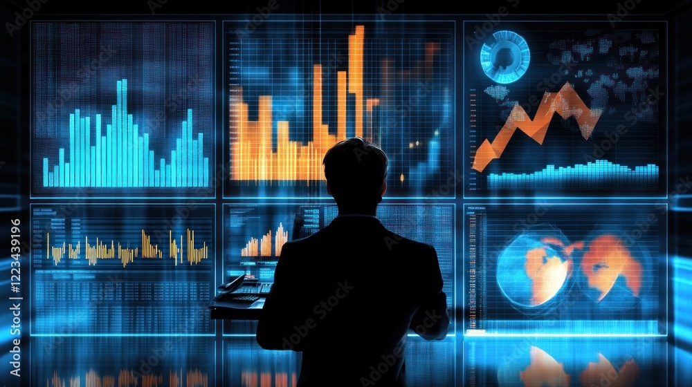 Poster businessman analyzing financial data on multiple screens
