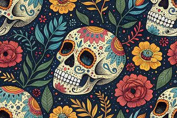 Naklejka premium illustration with decorative skulls among flowers - seamless pattern for your design