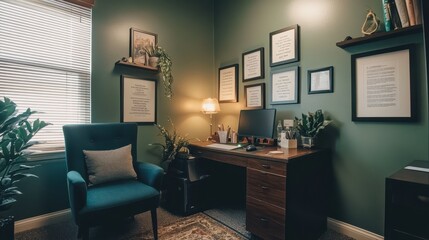 Cozy home office with green walls and wooden desk featuring computer and artwork