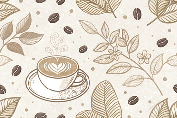 illustration with cup of coffee and coffee beans - seamless pattern for your design