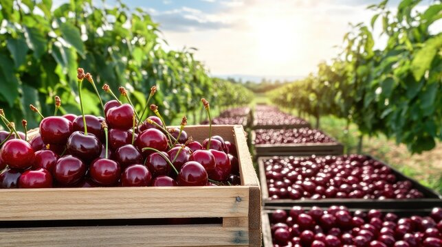 Ripe, juicy cherries are neatly arranged in wooden boxes at a cherry orchard during harvest season with lush greenery in the backdrop