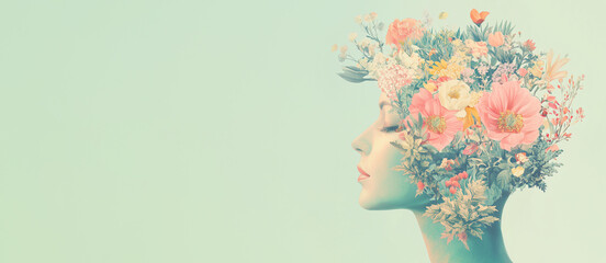 State of mind, mental health, woman with flowers, positive thinking attitude, creative brain, self esteem and strength