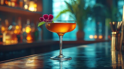 Elegant cocktail garnishes on sleek glassware at polished bar natural light capture modern aesthetic appeal