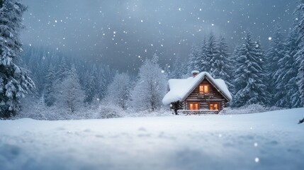 Snowy landscape with cozy cabin in forest during winter snowfall