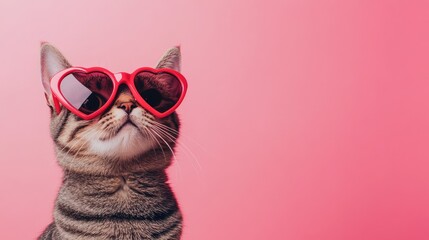 Adorable tabby cat in bold red heart sunglasses against a pink gradient backdrop. Ideal for Valentine's Day campaigns, pet product ads, and festive branding
