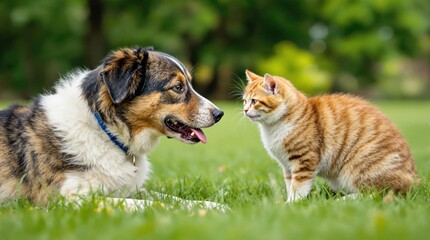 friendly dog and an orange cat engaging in interaction outdoors on grassy terrain. The vibrant natural setting highlights their playful bonds and emphasizes companionship and trust between animals