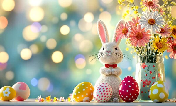 Cute Easter bunny, Easter eggs and spring flowers background 