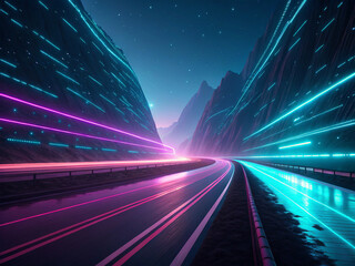 Fototapeta premium Abstract digital landscape, neon light streaks, vibrant colors, futuristic data streams, dynamic motion blur, cyan and magenta illumination, high-tech cyberpunk aesthetic, 3D rendering,