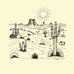 vector Western desert landscape illustration, t-shirt