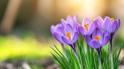 A field of vibrant purple spring flowers, illuminated by golden beams of sunlight, with a soft focus natural backdrop