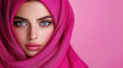 Woman, hijab, pink background, beauty portrait, makeup