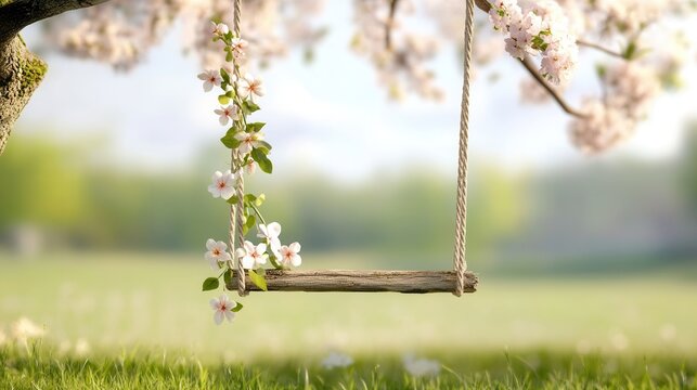 A small swing made of intertwined branches and fresh flowers hanging from a blooming tree, swaying gently in the spring breeze