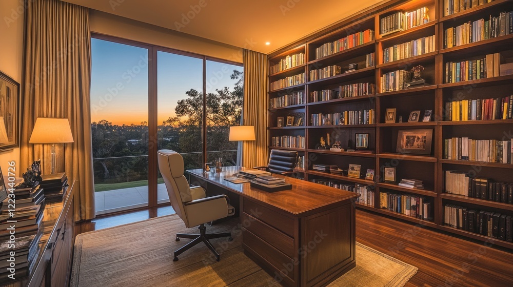 Poster sunset view office with large bookcase and desk
