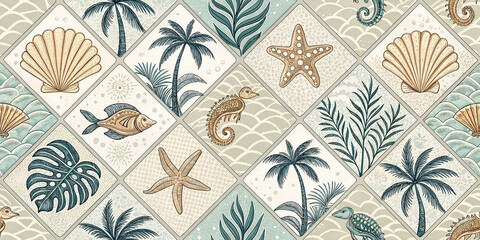 Illustration of tiles with palm trees, starfish, shells, coral flowers - seamless pattern for your design