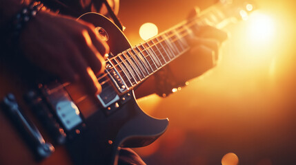Naklejka premium Primer plano de manos tocando guitarra eléctrica en un concierto