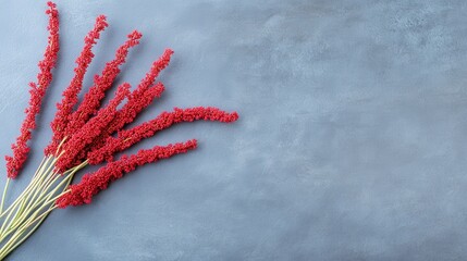 Vibrant red amaranth flowers with cascading stems lying along the edge of a dark gray surface, creating a striking and bold contrast