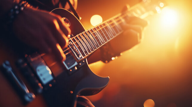 Primer plano de manos tocando guitarra el&eacute;ctrica en un concierto