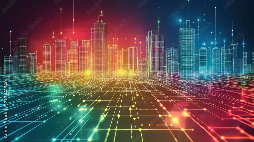 Poster digital cityscape illuminated by network connections