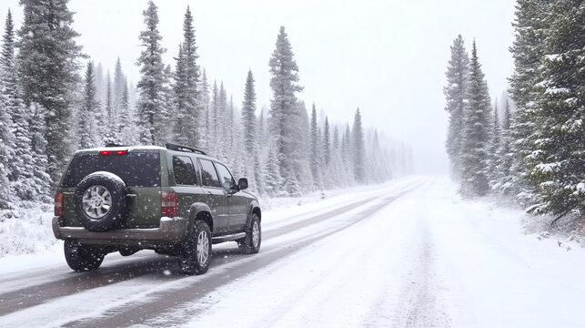 SUV  conduciendo por carretera nevada en un bosque invernal