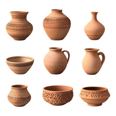 Ancient collection of clay pottery isolated on transparent background, PNG, Set of
