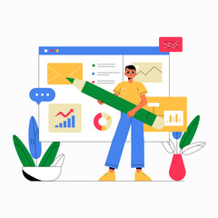 Male UI Designer With Large Pencil In Flat Vector Illustration Symbolizing User Interface Design, Creative Work, And Digital Productivity, Isolated On White Background