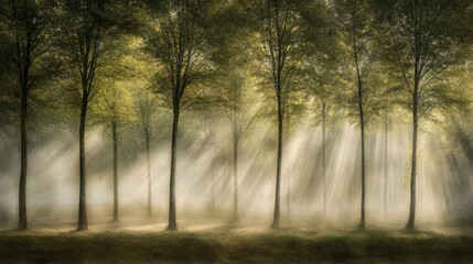 Fototapeta premium Sunbeams Illuminate Misty Forest Trees