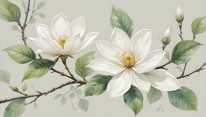 Elegant Botanical Illustration of White Magnolia Flowers in Pastel Tones