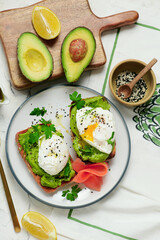 Whole grain toast with avocado and poached egg. for breakfast  .Healthy appetizer.