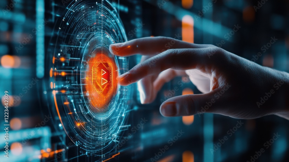 Poster A hand interacts with a digital interface displaying data