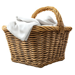 A rustic wicker basket with a sturdy woven handle, filled with a soft white cloth, perfect for home organization or decorative storage, transparent background, png
