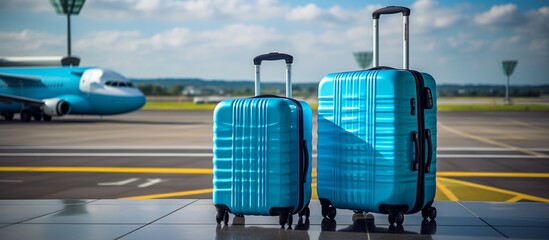 Ready for Takeoff:  Two Bright Blue Suitcases Await Departure at the Airport