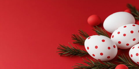 Festive Red and White Easter Eggs with Dotted Patterns and Evergreen Branches on Red Background