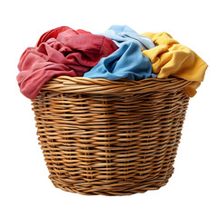 A wicker laundry basket filled with colorful clothes, including red, blue, and yellow garments, isolated on a white background, transparent background, png