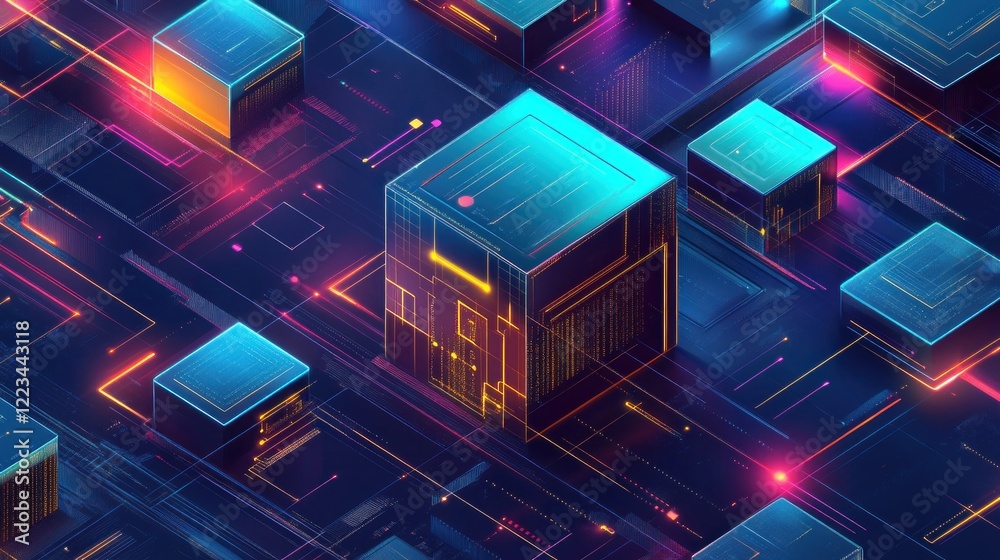 Poster abstract neon cubes and digital linescape design