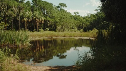 Serene Pond Reflecting Lush Green Forest Canopy