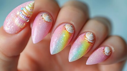 Gorgeous seashell adorned pink and rainbow nail designs