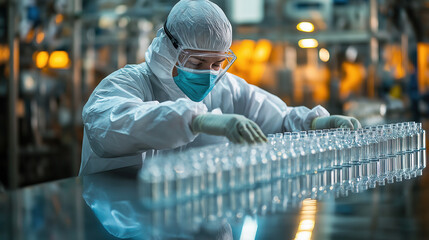 Scientist in protective gear inspecting vials in a laboratory setting