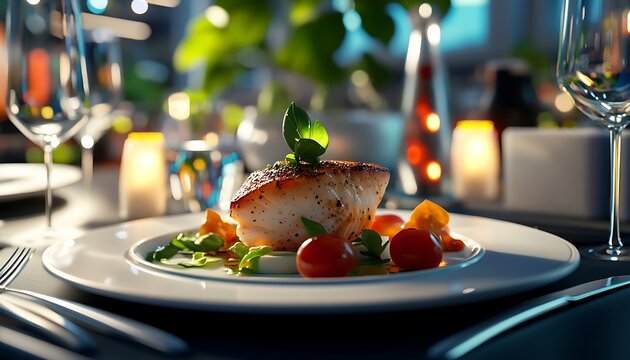 Close-up of a gourmet meal served on an elegant table with artistic plating