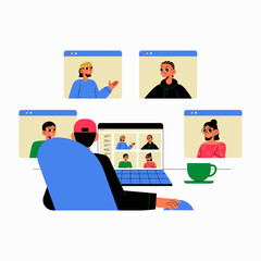 Group Video Conference With Diverse Team Members In Flat Vector Illustration Symbolizing Virtual Meetings, Communication, And Collaboration, Isolated On White Background.