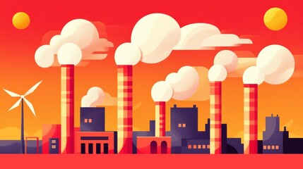 Obraz premium Colorful illustration of factories and energy sources at sunset.