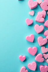 Fototapeta premium Pastel pink candy conversation hearts scattered on a turquoise blue background , sweet, pastel colors, colorful