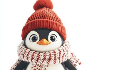Cute penguin in red knit hat and scarf against white background