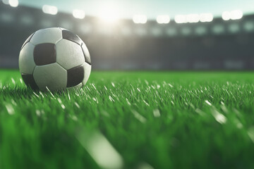 Fototapeta premium Soccer ball on green grass at a stadium under bright sunlight